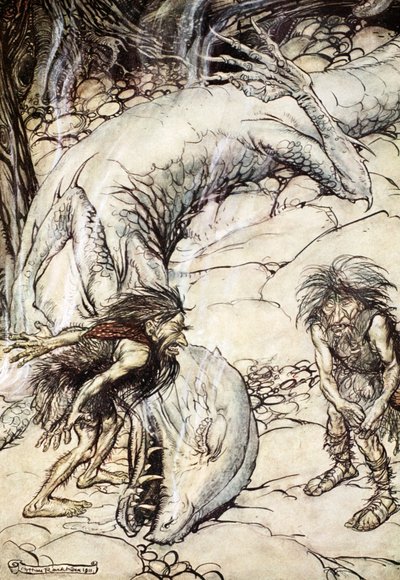 „Trpaslíci se hádají o Fafnerovo tělo“, 1924. od Arthur Rackham