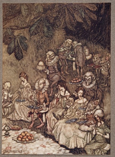 Víly sedí na houbách a zpočátku se chovají slušně, z knihy Peter Pan v Kensingtonských zahradách od J. M. Barrieho (1860-1937), pub. 1906 od Arthur Rackham