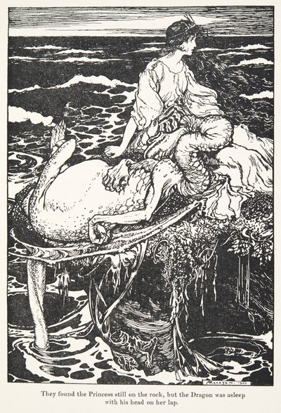 Princeznu našli stále na skále, ale Drak spal s hlavou na jejím klíně, z hospody Pohádky bratří Grimmů. 1909 od Arthur Rackham