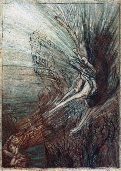 Dovádění Rhinemaidenů. Ilustrace k filmu The Rhinegold and The Valkyrie od Richarda Wagnera, od Arthur Rackham