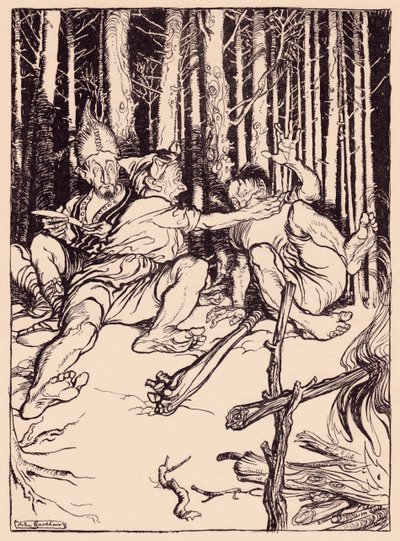 Obr dal tomu, kdo seděl vedle něj, krabičku na ucho. Ilustrace Arthur Rackham z Grimm