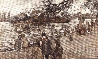 Ostrov, na kterém se rodí všichni ptáci z knihy Petr Pan v Kensingtonských zahradách od J. M. Barrieho, 1906 od Arthur Rackham