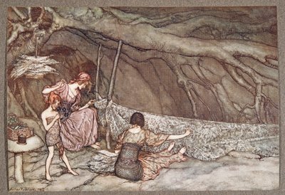 Malí lidé si pletou letní závěsy z listů koster .. , od Petera Pana v Kensington Gardens od J. M. Barrieho (1860 - 1937), hospoda. 1906 od Arthur Rackham