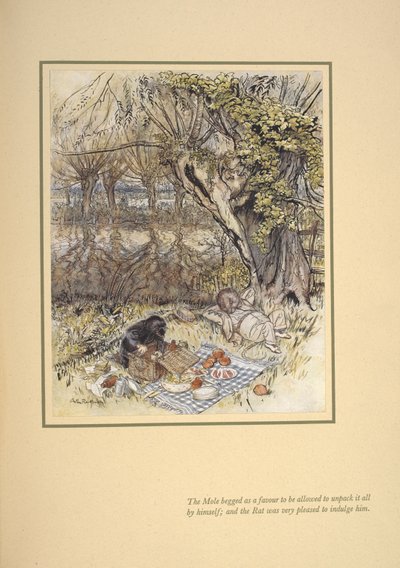 „Krtek prosil o laskavost, aby si to mohl vybalit sám; a krysa mu velmi ráda dopřála“. od Arthur Rackham