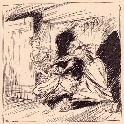 Stará žena ji chytila za šaty a snažila se ji držet. Ilustrace Arthur Rackham z Grimm