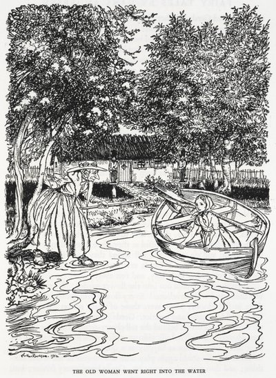 "Stará žena šla přímo do vody." Ilustrace pro „květinovou zahradu ženy, která znala magii“. Mladá dívka, Gerda, na lodi. Stará žena vstoupí do řeky, aby jí pomohla. od Arthur Rackham