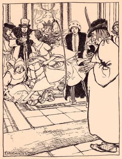 Hezká panna proskočila obruč lehce jako jelen. Ilustrace Arthur Rackham z Grimmovy pohádky Tři pírka. od Arthur Rackham