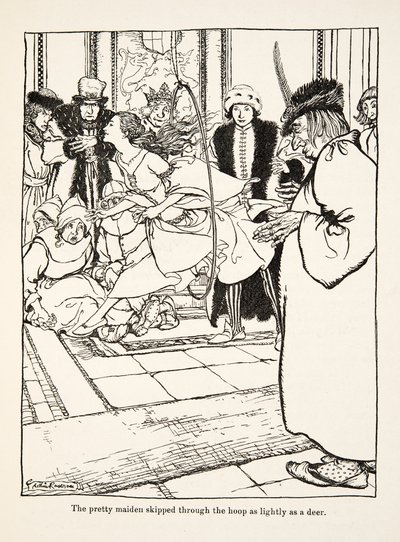 Hezká panna proskočila obruč lehce jako jelen, z Bratříčka a sestřičky a jiné pohádky bratří Grimmů, pub. 1917 (litho) od Arthur Rackham