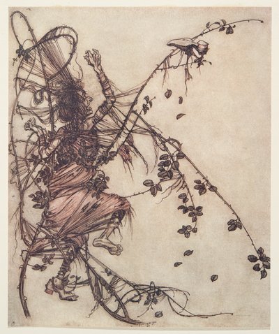 Čím rychleji hrál, tím výše musela skákat z hospody Pohádky bratří Grimmů. 1909 od Arthur Rackham