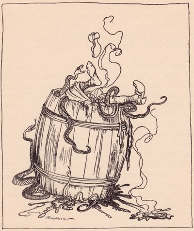 Zlá tchyně byla vložena do sudu plného vroucího oleje a jedovatých hadů. Ilustrace Arthura Rackhama z Grimm
