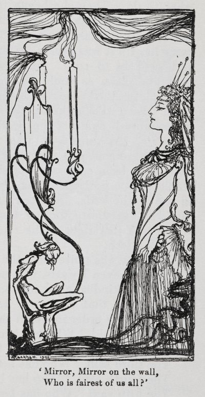 Zlá královna se na sebe dívá do zrcadla ze Sněženky (Sněhurka) od Arthur Rackham