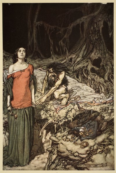 Namlouvání Grimhildy, matky Hagena, z „Siegfried a Soumrak bohů“, 1910 od Arthur Rackham