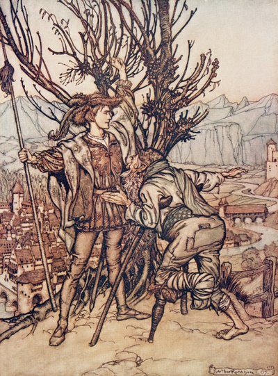 Mladý princ řekl, že se nebojím; Jsem odhodlán se jít podívat na krásnou Briar Rose?, z hospody Pohádky bratří Grimmů. 1909 od Arthur Rackham