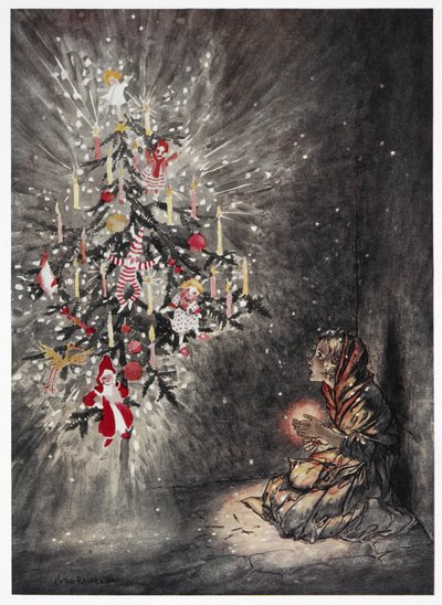 Seděla tam pod krásným vánočním stromečkem. Mladá dívka při pohledu na jasně osvětlený vánoční stromeček. Barevná ilustrace k příběhu, 