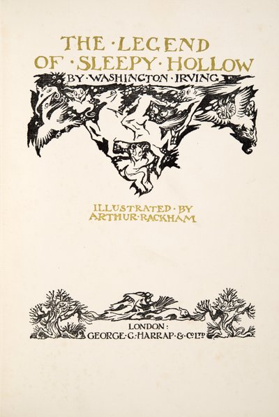 Titulní strana, z The Legend of Sleepy Hollow od Washingtona Irvinga (1783 - 1859), pub. 1928 od Arthur Rackham