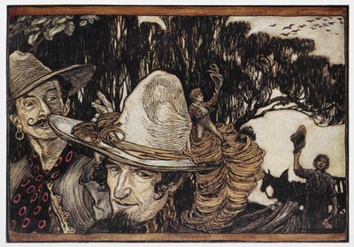 Tom Thumb sedí na okraji klobouku. od Arthur Rackham