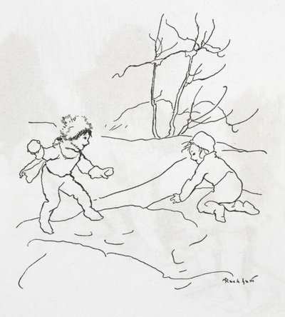 Dvě děti mají sněhovou koulovačku od Arthur Rackham