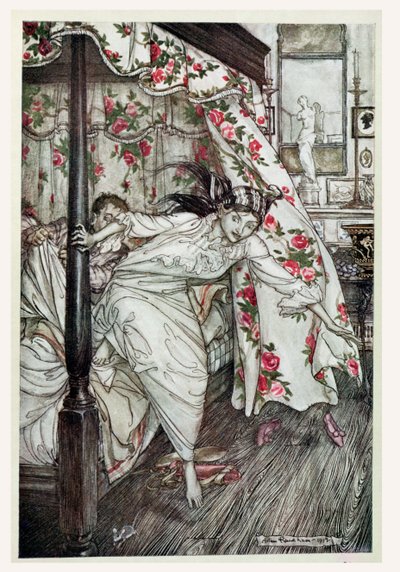 Venuše a kočka, ilustrace z „Ezopových bajek“, vydal Heinemann, 1912 (barevně lito) od Arthur Rackham