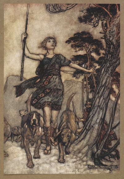 Půjdeme, krásná královno, až na vrchol hory a označíme hudební zmatek psů a ozvěnu ve zmatku“. Scéna ze „Snu noci svatojánské“. od Arthur Rackham