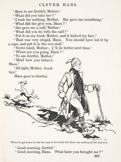 Když přišel domů, držel v ruce provaz, ale na jeho konci nic nebylo, z Pohádek bratří Grimmů, pub. 1909 od Arthur Rackham