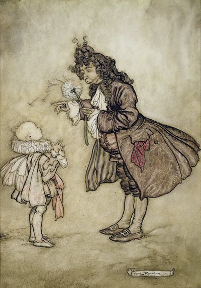 Když Její Veličenstvo chce znát čas, od Petera Pana v Kensington Gardens od J. M. Barrieho, hospoda. od Hodder a Stoughton, 1906 (pero a inkoust s wc na papíře) od Arthur Rackham