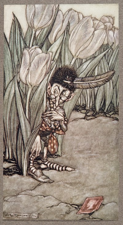 Když uslyšel Peterův hlas, vyděšeně vyskočil za tulipánem od Petera Pana v Kensington Gardens od J. M. Barrieho (1860 - 1937), hospoda. 1906 od Arthur Rackham