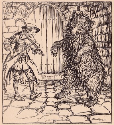 Když medvěd uslyšel hudbu, nemohl si pomoci a začal tančit. Ilustrace Arthura Rackhama z Grimmovy pohádky Malý mazaný krejčí. od Arthur Rackham