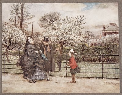 Když v zahradách potkáte dospělé lidi, kteří nafukují a foukají, jako by si mysleli, že jsou větší, než jsou..., od Petera Pana v Kensington Gardens od J. M. Barrieho (1860 - 1937), hospoda. 1906 (kol od Arthur Rackham