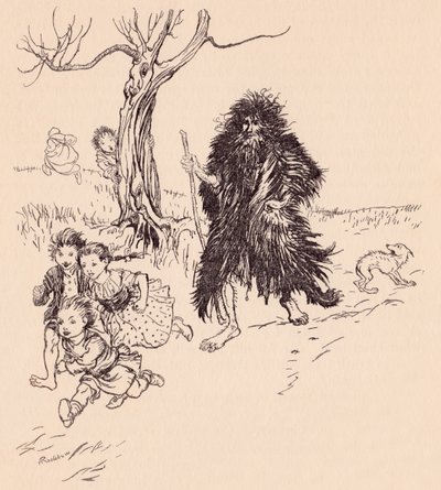Kdo ho viděl, utekl. Ilustrace Arthur Rackham z Grimm