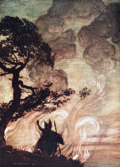 Wotan se otočí a smutně pohlédne zpět na Brünnhilde. Ilustrace pro The Rhinegold a The Valkyr od Arthur Rackham