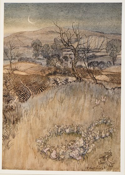 Vy pololoutky, které za měsíčního svitu dělají zelené kyselé kroužky, ilustrace od Williama Shakespearese Bouře, hospoda. 1926 od Arthur Rackham