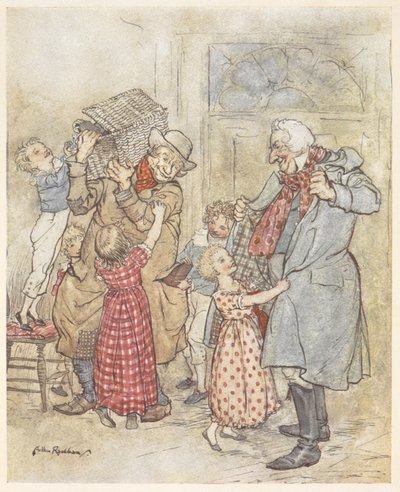Malé děti pomáhají dvěma starším mužům s kabáty, když vcházejí do domu s vánočními dárky od Arthur Rackham
