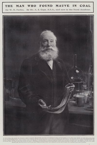 William Henry Perkin, anglický chemik, který objevil první syntetické organické barvivo, mauveine (litho) od Arthur Stockdale Cope