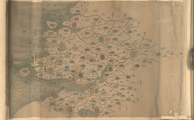 850 000. dodávané. Orientováno od severu dolů. Reliéf zobrazený obrázkově. Obrazová mapa. Pero a inkoust a akvarel. Zobrazuje hory, pobřeží, ostrovy a silnice v provincii Zhejiang. Hummel koupě 1930, č.p. 35. Dostupné také prostřednictvím Knihovny od Arthur W. Hummel