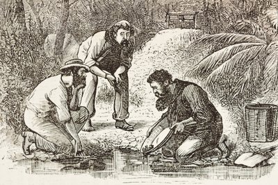 Austrálie (1880). Život zlatokopů v Botany Bay (založeno v roce 1788). Rytina. Soukromá sbírka od Artist Unknown