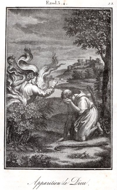 Bible - Mojžíš a hořící keř Mojžíšovi se z hořícího keře zjevuje Bůh. od Artist Unknown