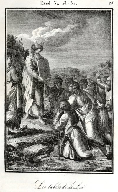 Bible, Mojžíš ukazující dvě desky s deseti přikázáními (rytina) od Artist Unknown