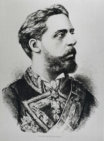 CARLOS VII, Carlos Maria de los Dolores de Borbon y Austria-Este (1848-1909). Karlistický pretendent na španělský trůn jako Carlos VII. Španělsko. Karlismus. Karel VII, karlistický pretendent na španělský trůn. Publikováno v "La ilustracion Espanola y Amer od Artist Unknown