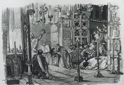 CHARLEMAGNE neboli Karel I. (742-814). Král Franků a Lombardů (768-814) a císař Svaté říše římské (800-814). Korunovace Karla Velikého císařem Svaté říše římské (800). Rytina. od Artist Unknown