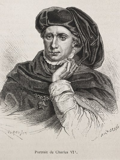 KAREL VI. francouzský, zvaný "Milovaný" (1368-1422). Francouzský král (1380-1422), dynastie Valois. Rytina. od Artist Unknown