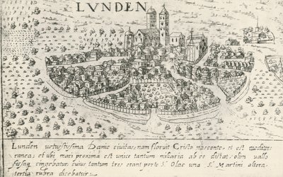 Město Lund, které ve středověku patřilo Dánsku, rytina od Artist Unknown