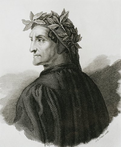 DANTE ALIGHIERI (1265-1321). Italský básník; Rafael (1483-1520). Reprodukce Rafaelovy fresky. Rytina. od Artist Unknown