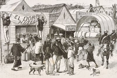 Anglie (19. století). Kolonizace (1880). Život zlatokopů v Austrálii. Anglická kolonie Botany Bay (založena v roce 1788) a zpočátku osídlena převážně zločinci, kteří se stali prospektory a obchodníky. Rytina. Soukromá sbírka od Artist Unknown