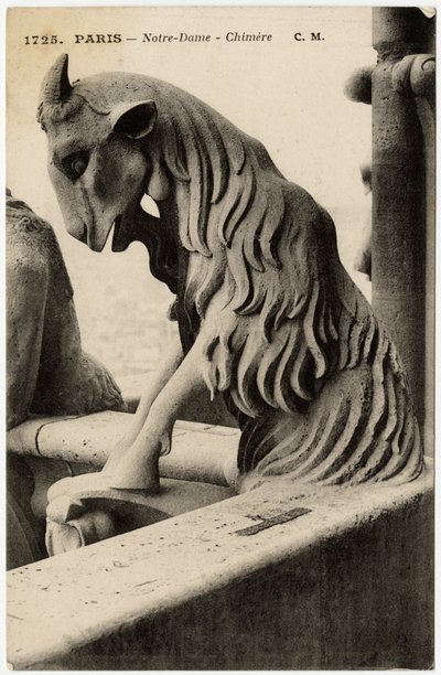 Chrlič neboli chiméra pařížské katedrály Notre Dame, postavené mezi lety 1163 a 14. stoletím - Pohlednice, sbírka Selva od Artist Unknown