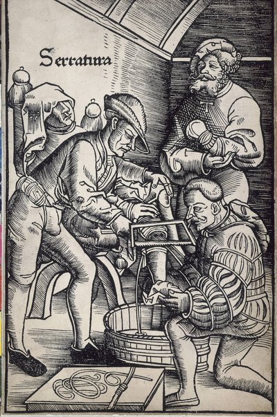 Gersdorff, Hans von (1455 - 1529). Německý chirurg. Amputace nohy. Dřevoryt Hanse Wechtlina pro knihu "Feldtbuch der Wundartzney" (Polní kniha chirurgie). od Artist Unknown
