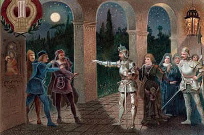 Leonora unesená Manricem z kláštera, 5. scéna 2. dějství z opery Giuseppe Verdiho "Il Trovatore". od Artist Unknown