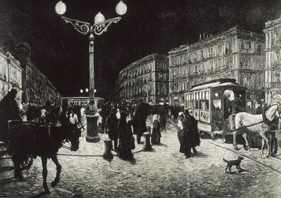 Madrid (1878). Puerta del Sol osvětlené elektrickým světlem. Obrázek podle Pellicerovy kresby pro "La Ilsutracion Espanola y Americana". Lept. od Artist Unknown