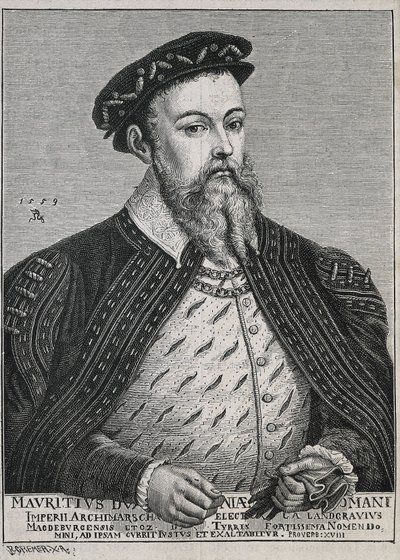 Mořic Saský (1521-1553). Saský vévoda (1541-47) a později kurfiřt (1547-53). Od roku 1539 protestant. Portrét podle obrazu Lucase Cranacha. Rytina od Artist Unknown