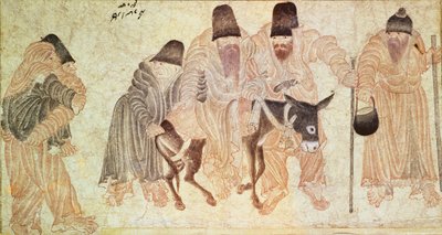 Mongolští nomádi s oslem (pergamen) od Artist Unknown