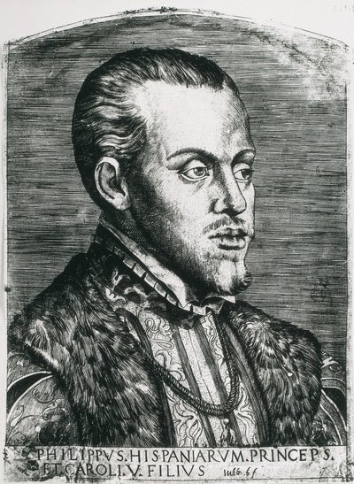 FILIP II. španělský (1527-1598). Španělský (1556-1598) a portugalský (1580-1598) král. Portrét Filipa ještě jako prince. Xylografie. od Artist Unknown